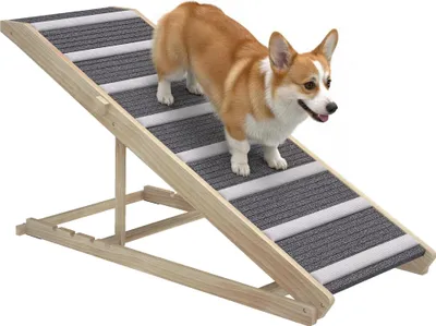 Image de Rampe pour chien - Rampe de sécurité - Pliable - Réglable en hauteur - Tapis antidérapant - Bois - 100 × 50 × 50 cm - Naturel et gris