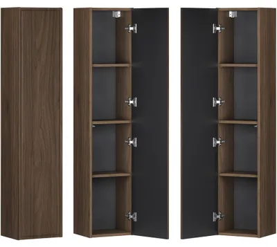 Produktbild von Badezimmer Hochschrank mit 30 cm Breite in Walnuss, 1 Tür mit Rahmenfräsung, wandhängend - TEMUCO-56-WALNUT
