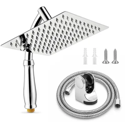 Obrázek produktu pro Sprchová hlavice, dešťová sprcha, 20 cm, nerezová ocel, vysokotlaká, ruční sprcha, 360° nastavitelná, kompletní sada