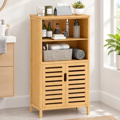Produktbild von Badezimmerschrank Bambus mit Lamellentüren, Badschrank freistehend, 2 offene Fächer, 1 Schrank, Naturholz | 50 x 29 x 92 cm | 10 kg | belastbar 30 kg