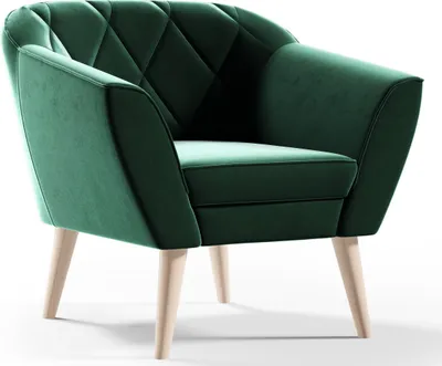 A green velvet armchair with diamond quilting and light wood legs, shown against a white background.