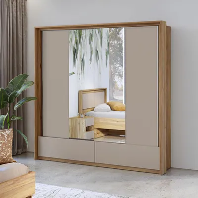 Obrázek produktu pro Šatní skříň 210 cm NOAH s posuvnými dveřmi - dub mauvella / béžová