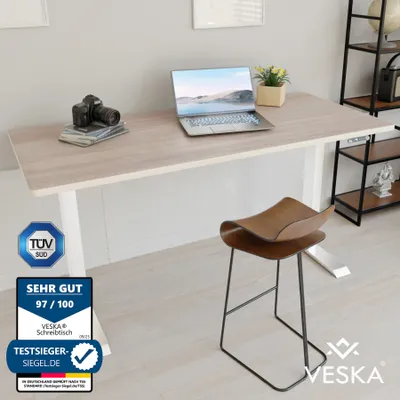 Produktbild von Höhenverstellbarer Schreibtisch (140 x 70 cm) - Sitz- & Stehpult - Bürotisch Elektrisch Höhenverstellbar mit Touchscreen & Stahlfüßen - Weiß/Eiche