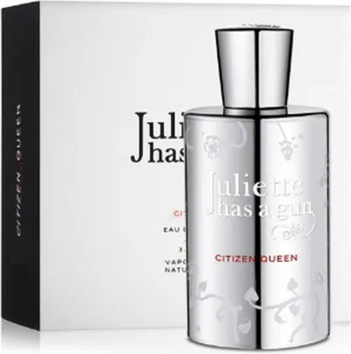 A perfume bottle and its packaging are displayed against a white background.