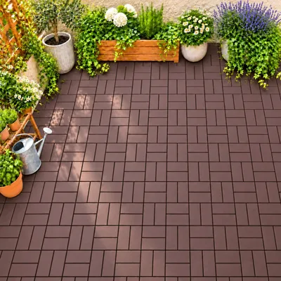 Immagine prodotto di 44 piastrelle in PP per esterni, dimensioni 30x30x2 cm, superficie di 4 m², piastrelle a incastro con motivo intrecciato, con sistema di drenaggio, antiscivolo e resistenti agli agenti atmosferici, ideali per balconi e terrazzi, colore marrone