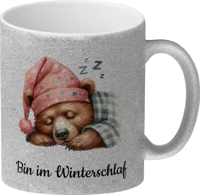 Produktbild von Braunbär Glitzer-Kaffeebecher und Spruch Bin im Winterschlaf