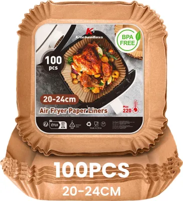 Productafbeelding van KitchenBoss bakpapier voor heteluchtfriteuse: 100 stuks, geschikt voor heteluchtfriteuses van 20-24 cm