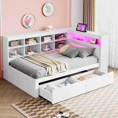Produktbild von Merax Tagesbett Schlafsofa 90x200cm mit LED-Licht, Holzbett mit Schubladen und Regalfächern, Massivholzsofa mit Stauraum, USB-Steckdose, Weiß