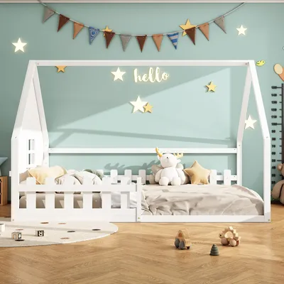 Produktbild von Flachbett, 140*200 cm, Kinderbett, Hausleiste, Geländer, Kiefernholz, Weiß