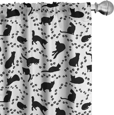 Produktbild von ABAKUHAUS Katze Vorhänge, Gardinen, Katze Silhouette und Tierspuren Muster Pfoten Fußabdrücke Kätzchen verschiedene Posen, 2 Stück 75 x 175 cm, Schwarz und weiß