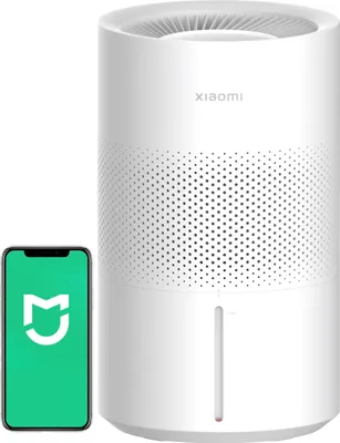 A white Xiaomi humidifier is shown next to a smartphone displaying the Mi Home app logo.