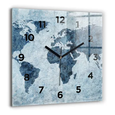 Produktbild von Wallfluent Große Wanduhr – Stilles Quarzuhrwerk - Uhr Dekoration Wohnzimmer Schlafzimmer Küche - Zifferblatt - schwarze Zeiger - 60 cm - Gemalte Weltkarte