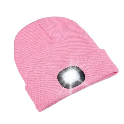 Produktbild von Strickmütze für Damen, Herbst/Winter, einfarbig, Krempenlose Mütze mit LED-Licht, warm, winddicht, elastische Beanie-Mütze, Rosa, Einheitsgröße