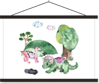 Produktbild von MuchoWow® Textilposter Kinderzimmer - Zeichnung - Dinosaurier - Jungen - Mädchen - Kinder 90x60 cm mit schwarzem Rahmen - Aufhängungssatz