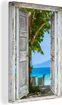 Zdjęcie produktu dla OneMillionCanvasses® - Obraz na płótnie - 90x140 cm, Plaża - Tropiki - Morze - Widok, - Otwarte okno - Widok z okna Sypialnia Art Print Dekoracja ścienna - Zdjęcie na płótnie - Obraz na drewnianej ramie - Dekoracja ścienna - Sypialnia
