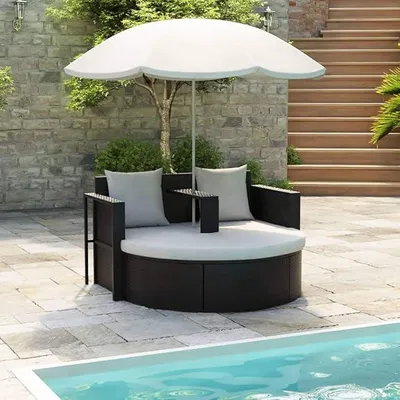 Produktbild von Gartenbett mit Sonnenschirm Sonnenliege Rattan für 2 Personen Gartenliege mit Dach Auflage Kissen Sonneninsel Doppelliege Sonnenbett Loungebett für Garten Terrasse Braun