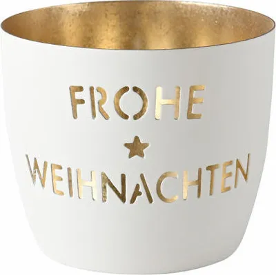 Produktbild von Gift Company Windlicht Madras Frohe Weihnachten M, Teelichthalter, Kerzenhalter, Eisen, Weiß / Gold, H 8.5 cm, 1171604001