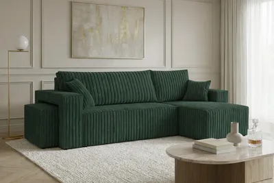 Image de Canapé d'angle avec fonction couchage et pouf, velours côtelé Tilia, vert, version droite, BEST L avec pouf
