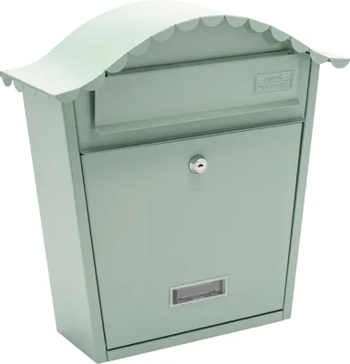 A light green, classic wall-mounted mailbox with a scalloped roof.