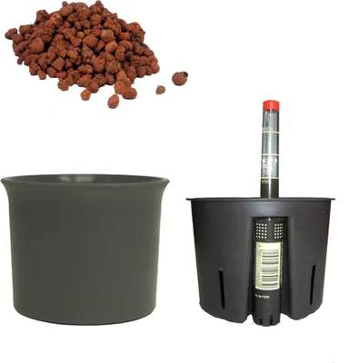 Produktbild von Set4 Hydro Blumentopf Atlas 09/07 anthrazit Ø 09.5 cm H 07.5 cm + Blähton + Wasseranzeiger + Kulturtopf Ø 09.5 cm H 07.5 cm