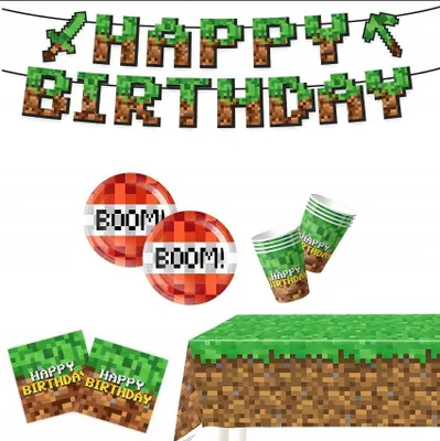 Zdjęcie produktu dla Minecraft zestaw urodzinowy Balony KUBKI TALERZYKI SERWETKI DEKORACJA Pixel