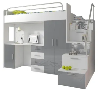 Produktbild von Doppelstockbett Grau Tisch Schrank Multifunktion Etagen Hochbett Kinderzimmer