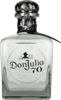 A clear, front-facing studio shot of a bottle of Don Julio 70 Tequila Cristalino Anejo.