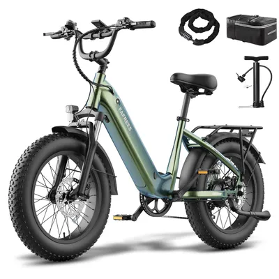 Obrázek produktu pro Elektrické kolo, 20palcové hliníkové fatbike s nízkým nástupem, nosnost 150 kg, baterie 15 Ah a hydraulické kotoučové brzdy, s efektní modro-zelenou barvou