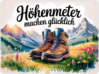 Produktbild von Bergwanderschuhe Metallschild XL in 21x28 cm Höhenmeter machen glücklich