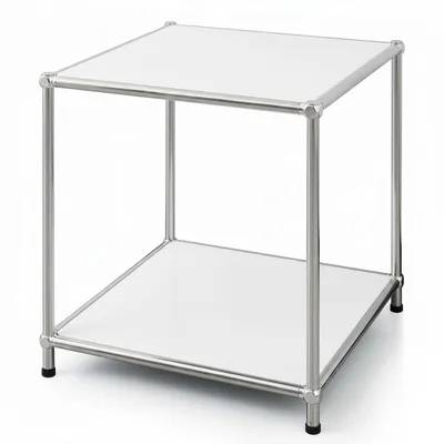 A white and silver side table with two shelves, shown against a white background.