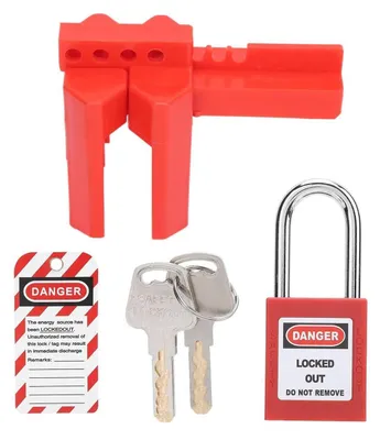 Immagine prodotto di Kit di blocco e etichettatura (Lockout/Tagout) completo di lucchetto, cartello di avvertimento, blocco per valvole a sfera e chiavi | Diametro del tubo: 13-64 mm