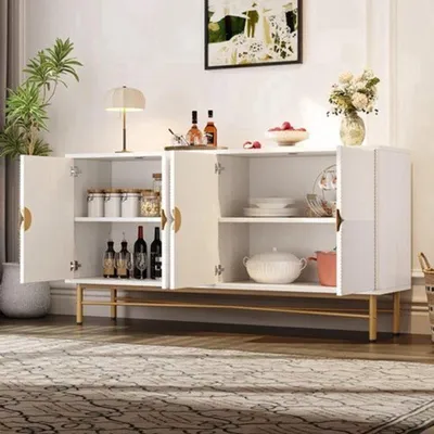 Obrázek produktu pro Komoda - Čtyři dvířka - Bílá - 160x40x82 cm - Materiál: dřevotříska - Vhodná do obývacího pokoje i ložnice