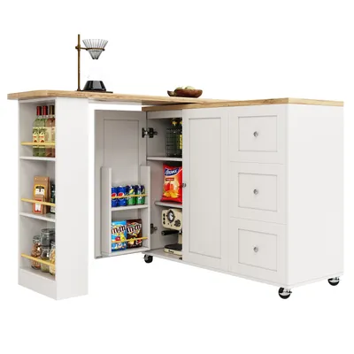 Immagine prodotto di Abrihome tavolo da sala da pranzo tavolo bar girevole a 360°, tavolo alto allungabile con armadio e cassetti, bianco