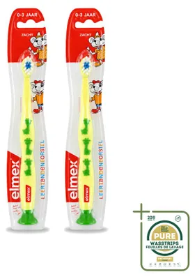 Imagen del producto de 2 cepillos de dientes para niños Elmex, diseñados para el aprendizaje y suaves para niños de 0 a 3 años. Pack de 2 unidades