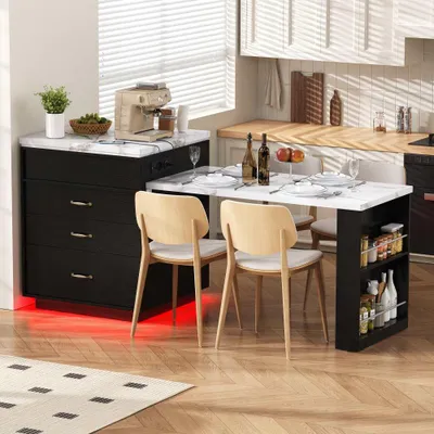 Produktbild von Kücheninsel mit Rollen Ausziehbarer Esstisch LED Beleuchtung Steckdosen Schwarz Sideboard Bartisch