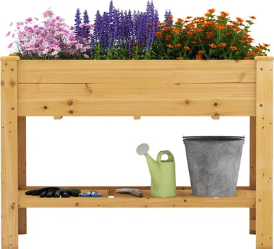 Produktbild von GOPLUS Hochbeet mit Ablage, Gartenbeet aus Tannenholz, Pflanzkasten mit Abflusslöchern, 120,5 x 60,5 x 81,5 cm (mit Ablage,Natur)
