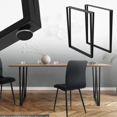 A dining table with black metal legs and chairs, set in a modern dining room.
