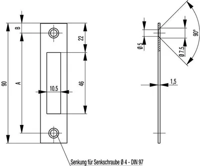 Produktbild von BKS Schließblech Flachschließblech Stulp 20mm abgerundet Stahl NiSi 90mm - S4120028