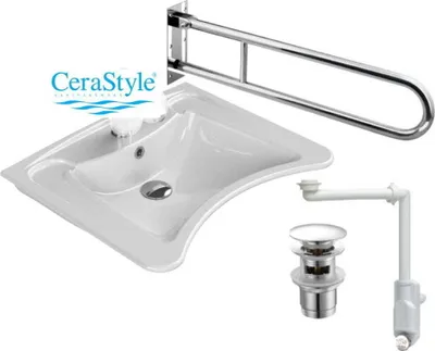 A bathroom sink set with a grab bar and plumbing fixtures, presented on a white background.
