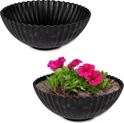 Produktbild von Runde Pflanz-Schalenn gewellt für draussen schwarz marmoriert 16 cm