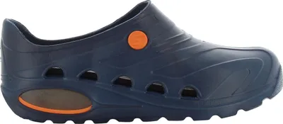 A side view of a navy blue safety clog with orange accents.