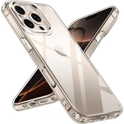 Two transparent phone cases are arranged in an X shape, with one partially covering the other. The Apple logo is visible on the back of one case.