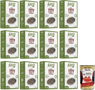 Produktbild von 12x Felicia Penne di Teff Integrale,Pasta mit 100% Vollkorn Teff,Authentischer Geschmack der äthiopischen Küche,Packung mit 250g + Italian Gourmet Polpa di Pomodoro 400g Dose