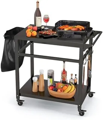 Produktbild von Grillwagen Grilltisch Outdoor, Pizzatisch mit 2 Ablagen & 4 Rollen & Haken, Grill Beistelltisch Servierwagen Garten Trolley für den Außenbereich, Schwarz