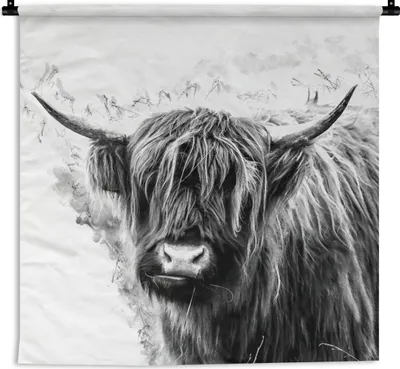 Produktbild von MuchoWow® Wandteppich Wandbehang Schottisches Hochlandrind - Kuh - Weiß 150x150 cm Tapisserie Dekoration Wandtuch - Wohnaccessoires - Modernes