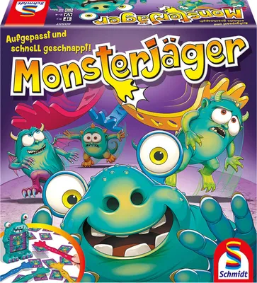 The image shows the box art for the board game 'Monsterjäger' by Schmidt Spiele, featuring colorful cartoon monsters.