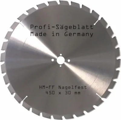 Produktbild von HM Sägeblatt 450 x 30 mmØ NAGELFEST Z = 32 FF für Brennholz, Schalhölzer, Tafeln, Rund und Kanthölzer mit Betonbeschlag und Nagelresten sowie Gasbetonsteinen Präzisions Kreissägeblatt Ersatzsägeblatt