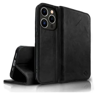 Immagine prodotto di Custodia in vera pelle per iPhone 14 Pro, protezione RFID flip cover protettiva nera