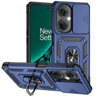 Immagine prodotto di Custodia per OnePlus Nord CE3 a doppio strato con copertura scorrevole della fotocamera e supporto ad anello blu