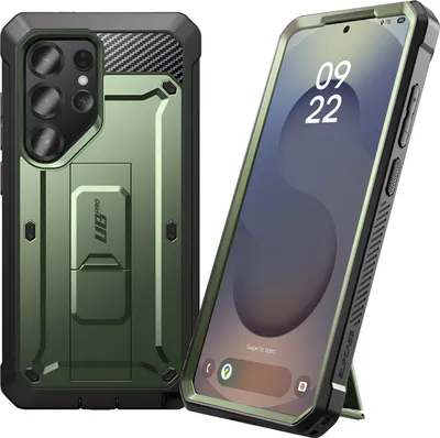 A product shot of a phone case and a phone in a case, displayed separately.